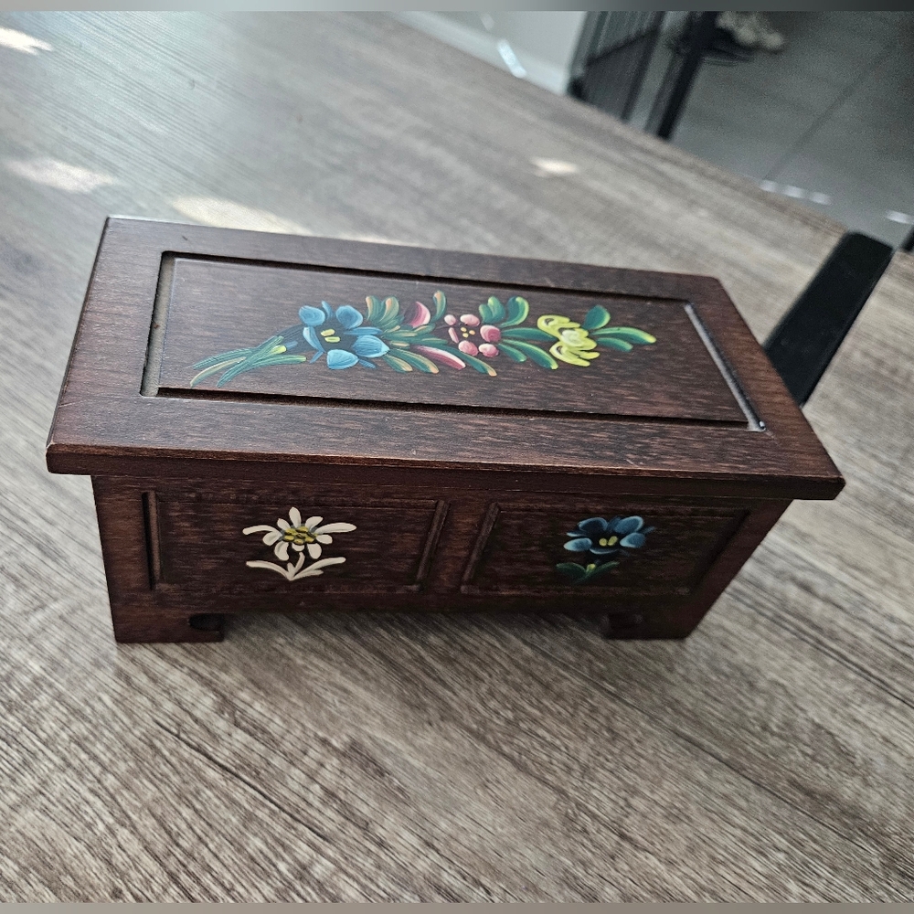 Rare Handpainted Reuge Music Storage Wooden Box with Floral Design